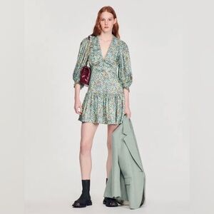 Silk Sandro Mint Green Floral Puff-Sleeve Dress
